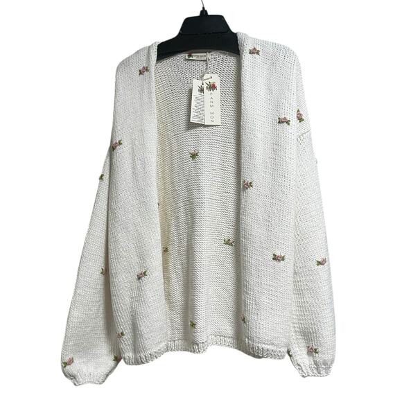 Fanm Mon Hand Knit Pink Rose Cardigan Cotton Sweater | Womens M L NEW - Picture 13 of 13
